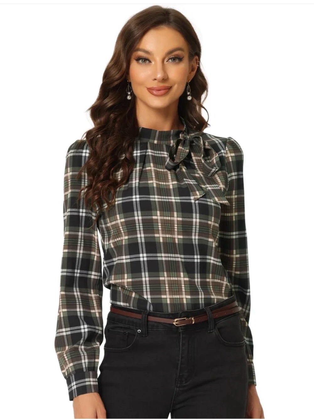 Allegra K Green and Black Plaid Bow-Neck Long Sleeve Blouse